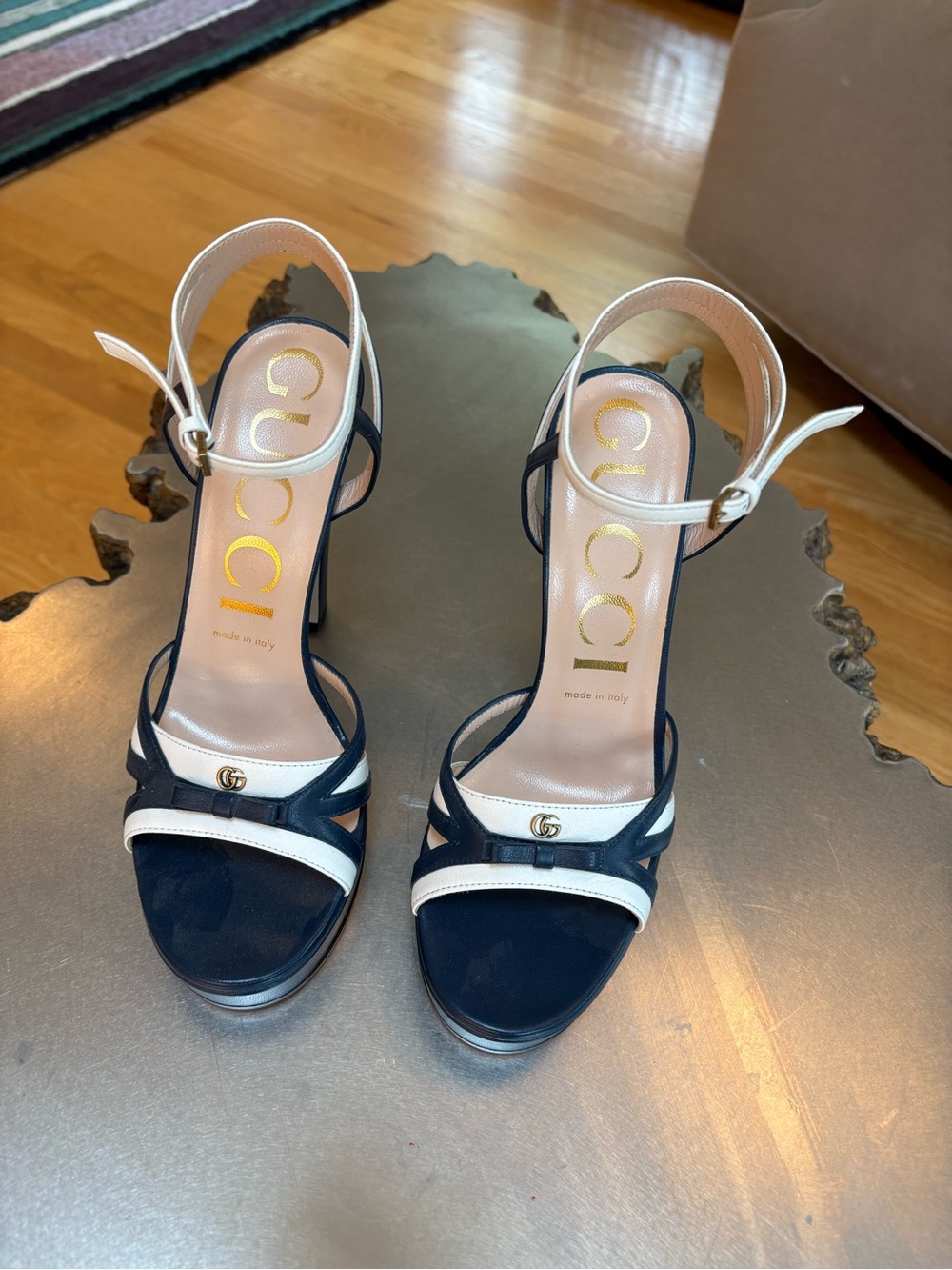 Gucci Navy and White Platform Ankle-Strap Heels Never Worn - Picture 3 of 6
